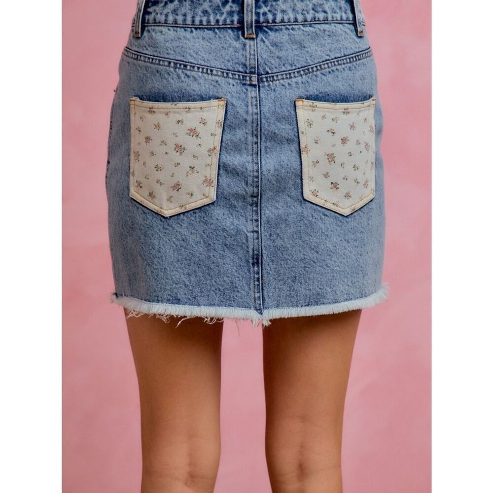 SO ME Washed Denim Floral Contrast Back Pockets Mini Skirt sz S M L XL - Picture 3 of 6